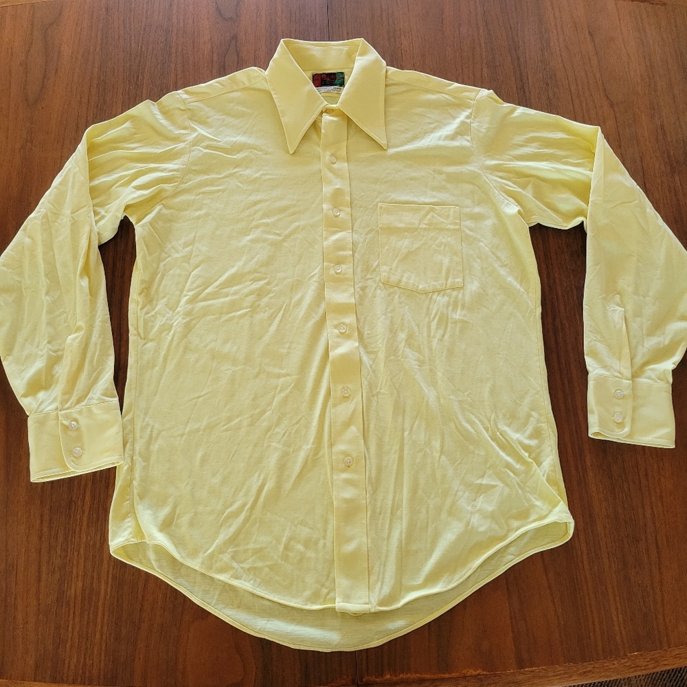 Vintage 70s Bellini de Roma Button Up Dress Shirt Large Yellow Big Collar